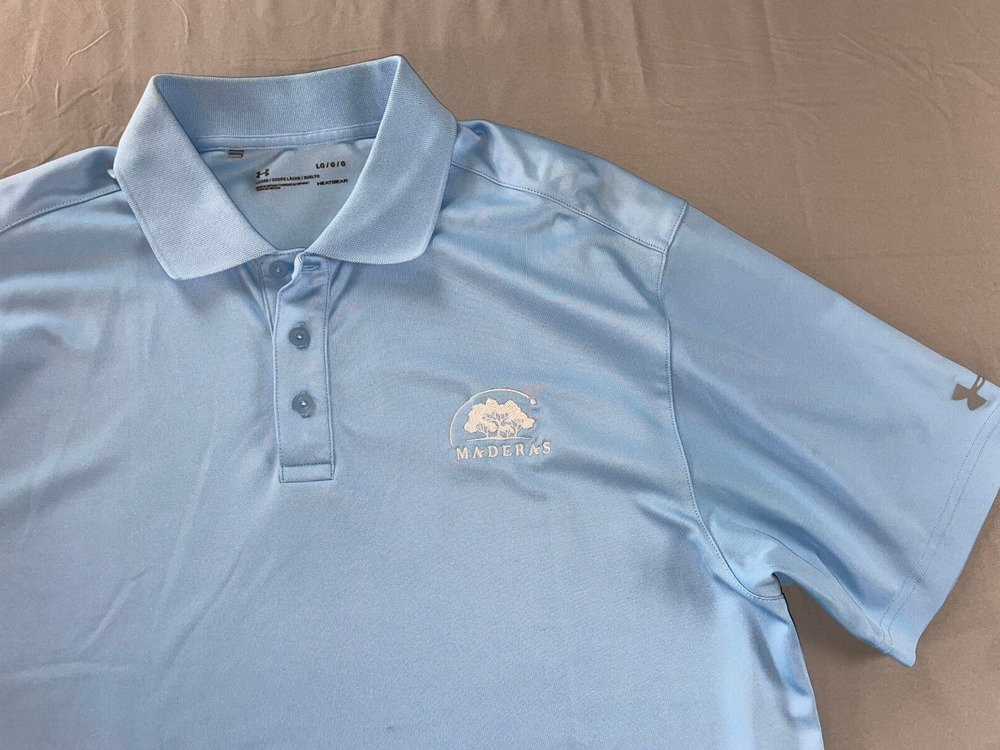 Under Armour Heat Gear Loose Polo Golf Shirt. Maderas Stitched. Men's L, EUC!